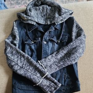 Free People Dark Denim Jacket with Gray Knit Hood & Sleeves